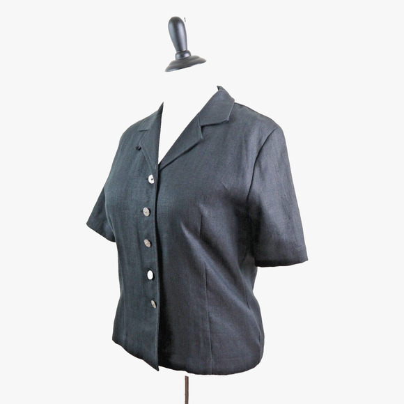 Vintage 1990s Geiger Women's M Linen Loop Collar Button Down Black - Picture 1 of 9